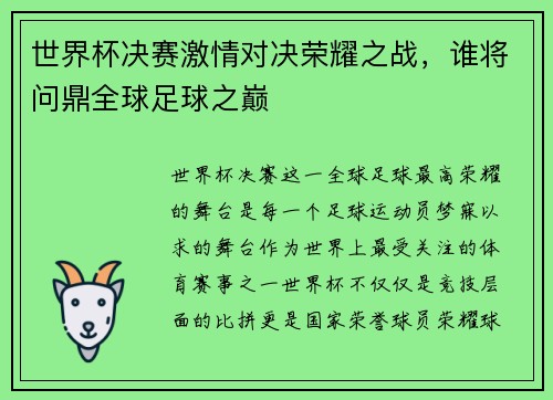 世界杯决赛激情对决荣耀之战，谁将问鼎全球足球之巅